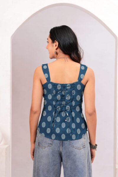 Navy Blue Ethnic Motif Printed Cotton Lace-Up Back Top