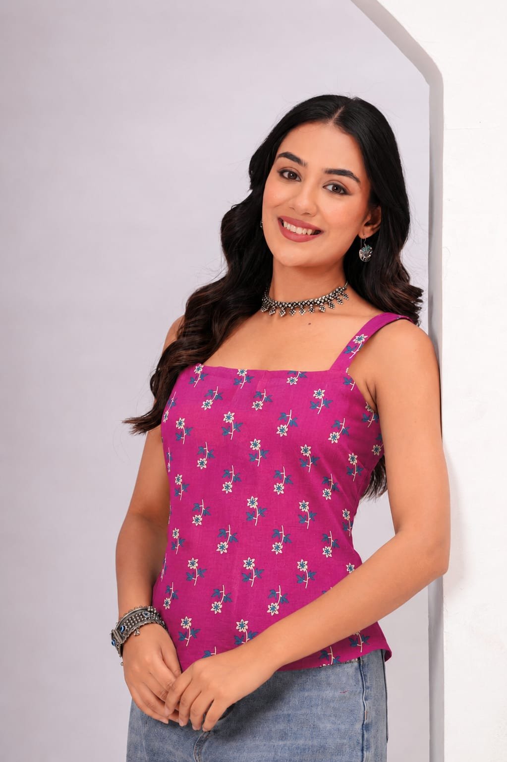 Pink Floral Printed Cotton Lace-Up Back Top