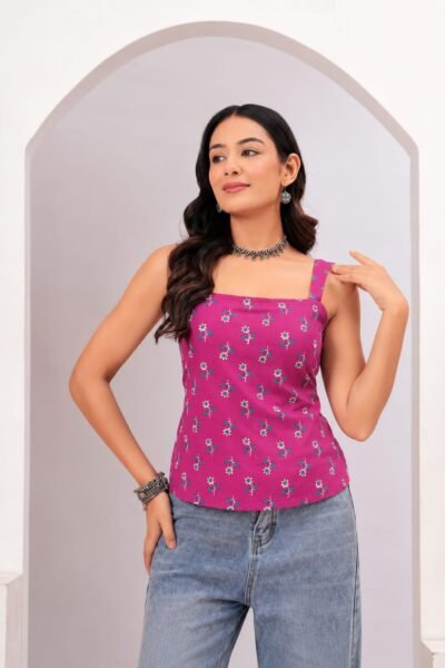 Pink Floral Printed Cotton Lace-Up Back Top
