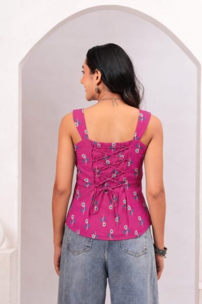 Pink Floral Printed Cotton Lace-Up Back Top