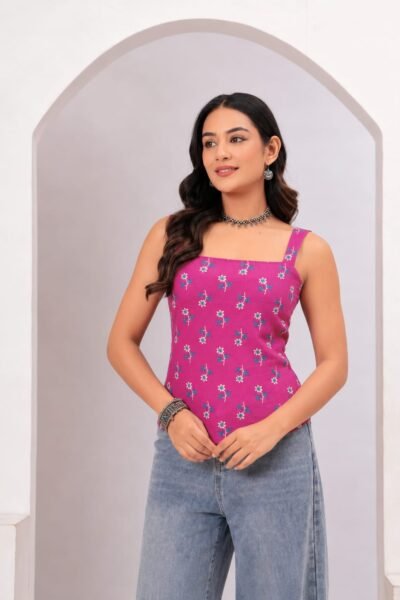Pink Floral Printed Cotton Lace-Up Back Top