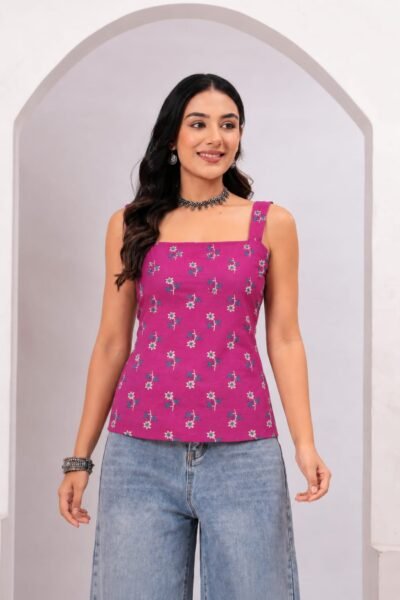 Pink Floral Printed Cotton Lace-Up Back Top