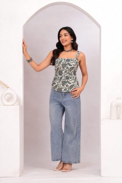 Beige Floral Printed Cotton Lace-Up Back Top