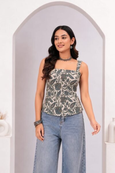 Beige Floral Printed Cotton Lace-Up Back Top