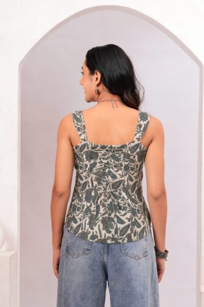 Beige Floral Printed Cotton Lace-Up Back Top