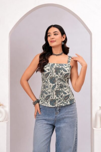 Beige Floral Printed Cotton Lace-Up Back Top