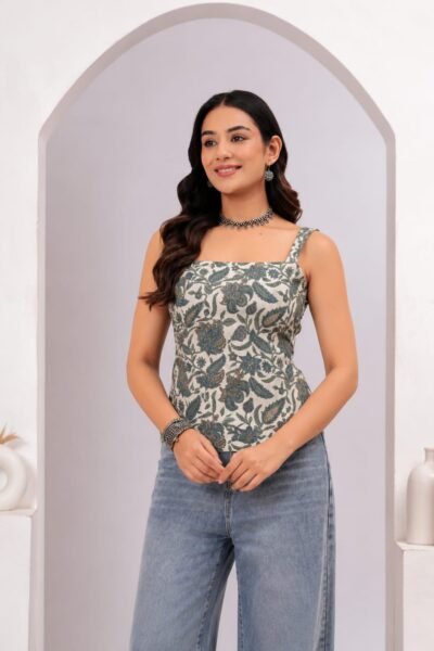 Beige Floral Printed Cotton Lace-Up Back Top