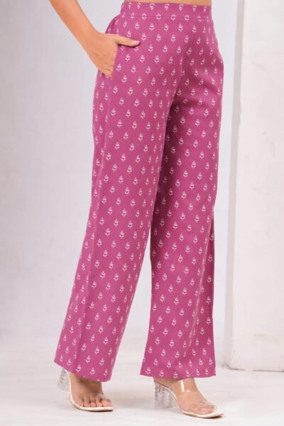 Pink Printed Cotton Co-Ord Set with Crop Top & Wide Leg Pants
