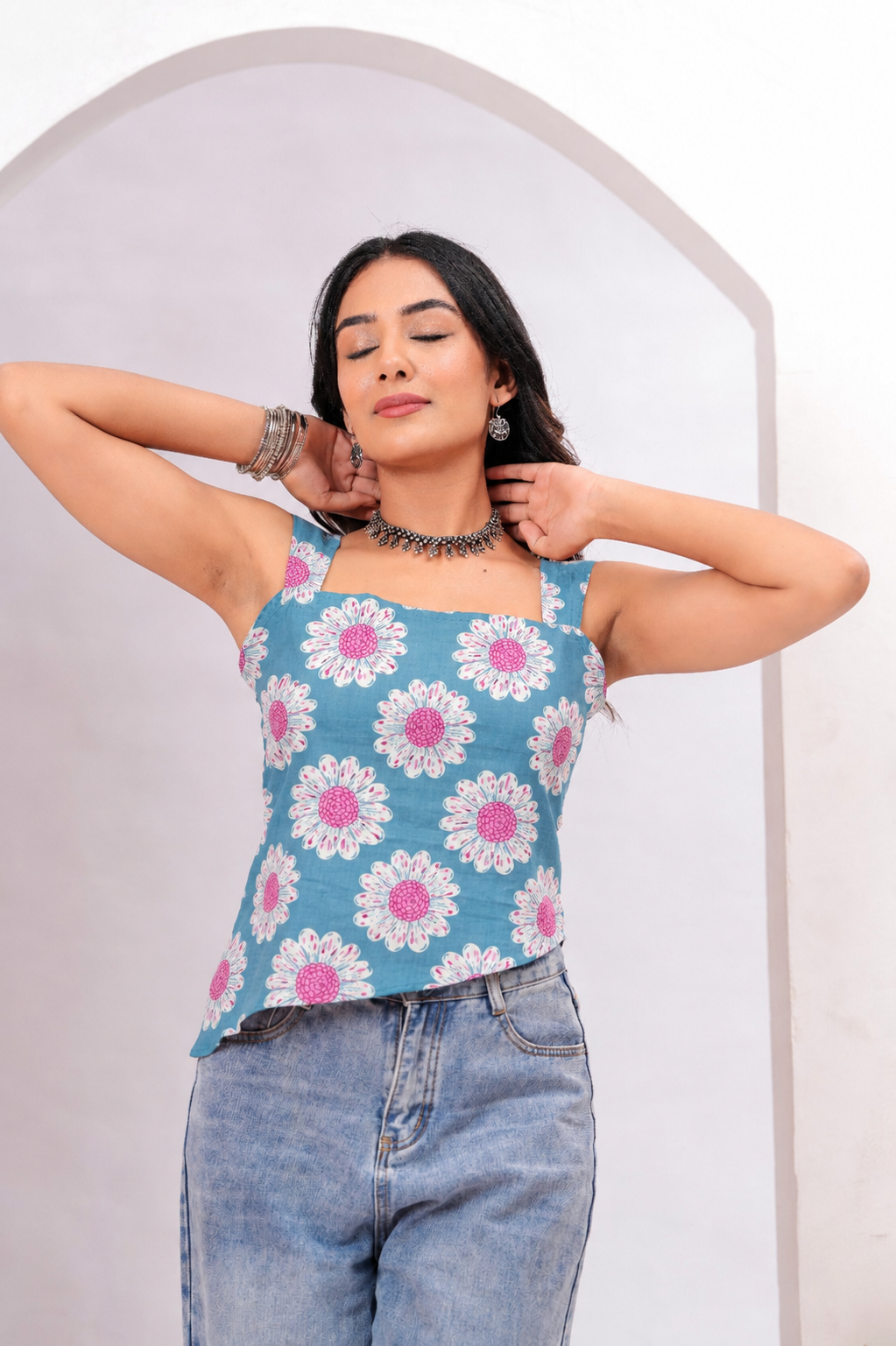 Sky Blue Floral Printed Square Neck Cotton Lace-Up Asymmetric Top - Image 5