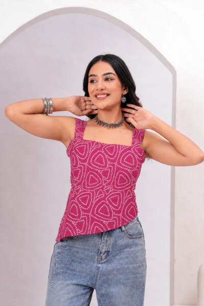 Pink Bandhani Print Cotton Lace-Up Top