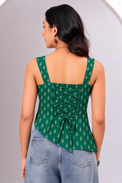 Green Floral Printed Square Neck Cotton Lace-Up Asymmetric Top