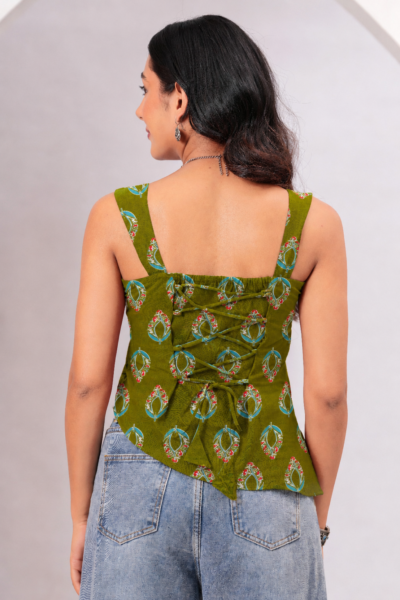 Olive Green Ethnic Motif Printed Cotton Lace-Up Back Top