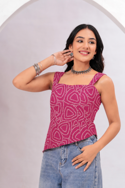 Pink Bandhani Print Cotton Lace-Up Top