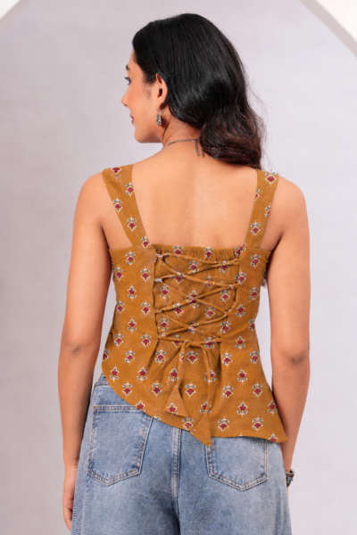 Women Mustard Floral Printed Cotton Lace-Up Top