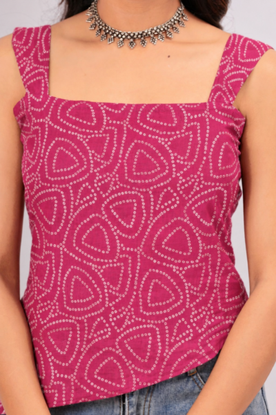 Pink Bandhani Print Cotton Lace-Up Top