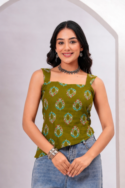 Olive Green Ethnic Motif Printed Cotton Lace-Up Back Top