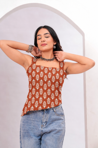 Women Brown Ethnic Print Cotton Lace-Up Top