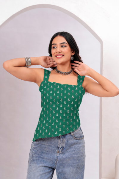 Green Floral Printed Square Neck Cotton Lace-Up Asymmetric Top