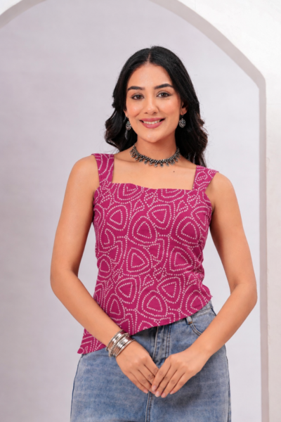 Pink Bandhani Print Cotton Lace-Up Top