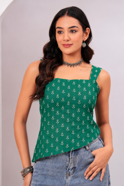 Green Floral Printed Square Neck Cotton Lace-Up Asymmetric Top