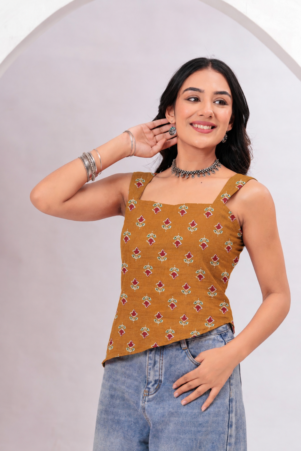 Women Mustard Floral Printed Cotton Lace-Up Top - Image 2