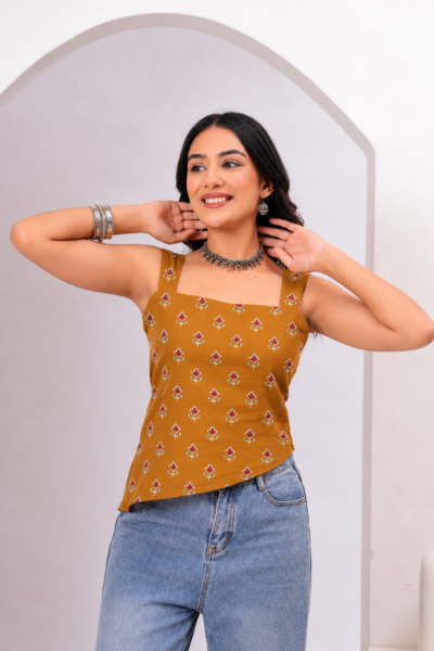 Women Mustard Floral Printed Cotton Lace-Up Top