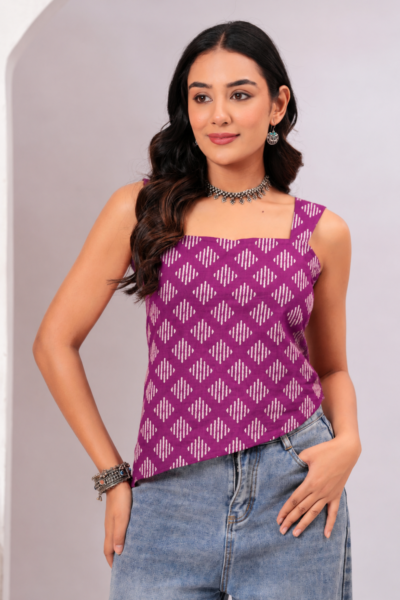 Women Purple Ikat Print Lace-Up Cotton Top