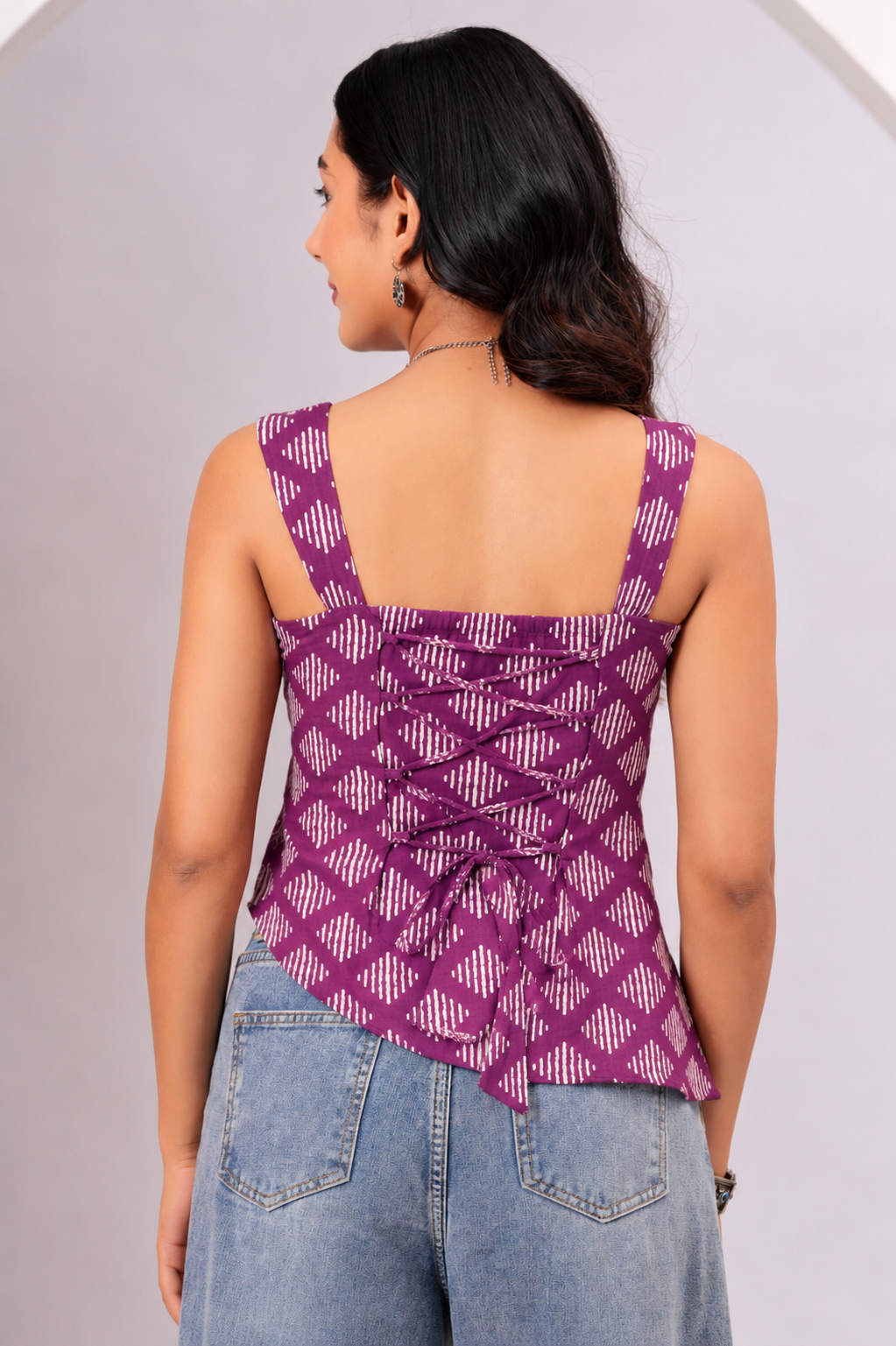 Women Purple Ikat Print Lace-Up Cotton Top - Image 4