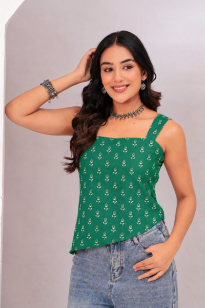Green Floral Printed Square Neck Cotton Lace-Up Asymmetric Top