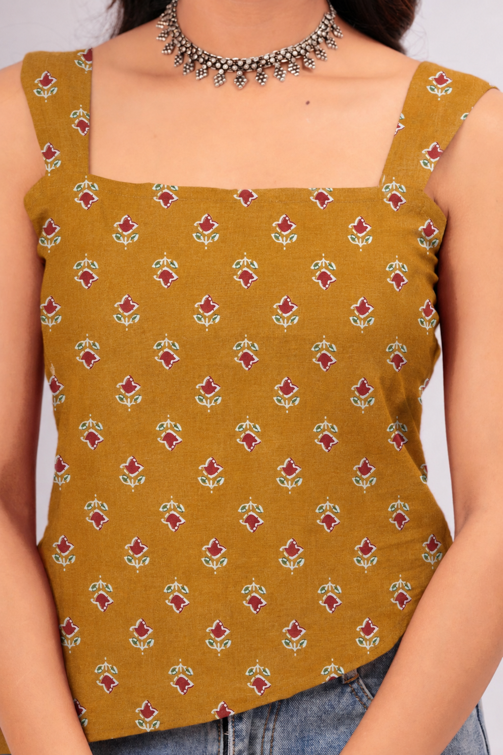 Women Mustard Floral Printed Cotton Lace-Up Top - Image 4