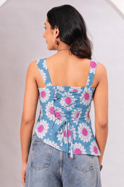 Sky Blue Floral Printed Square Neck Cotton Lace-Up Asymmetric Top