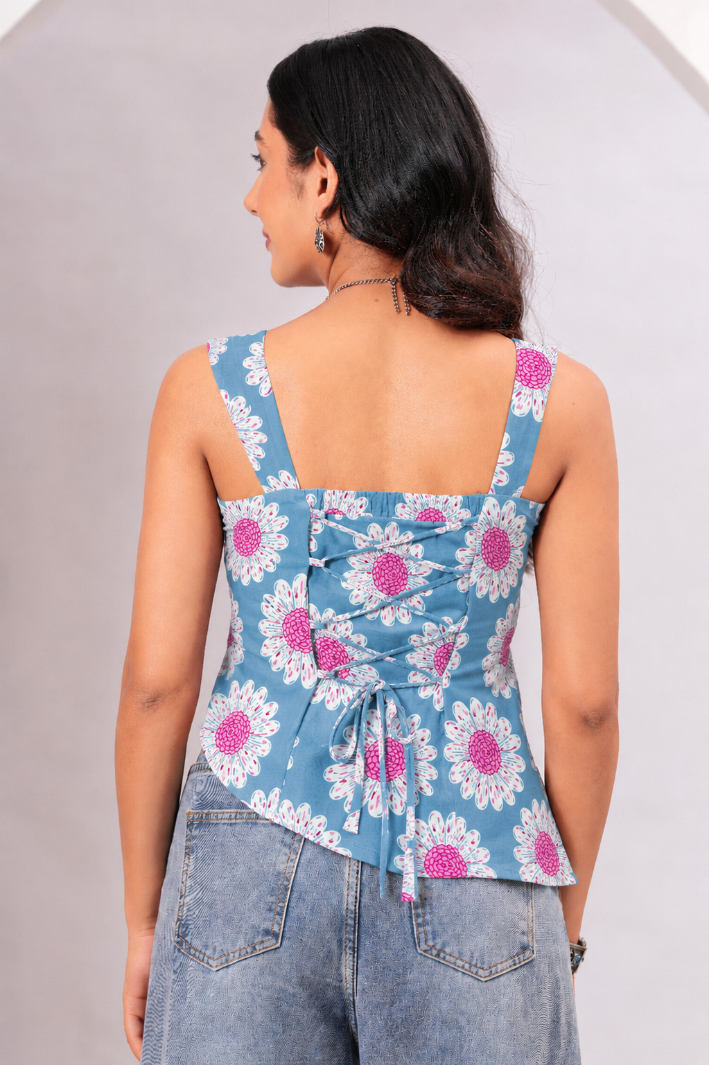 Sky Blue Floral Printed Square Neck Cotton Lace-Up Asymmetric Top - Image 3