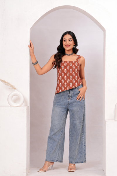 Women Brown Ethnic Print Cotton Lace-Up Top