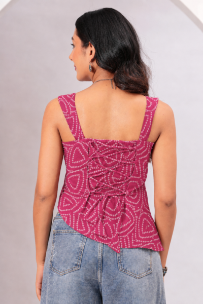 Pink Bandhani Print Cotton Lace-Up Top