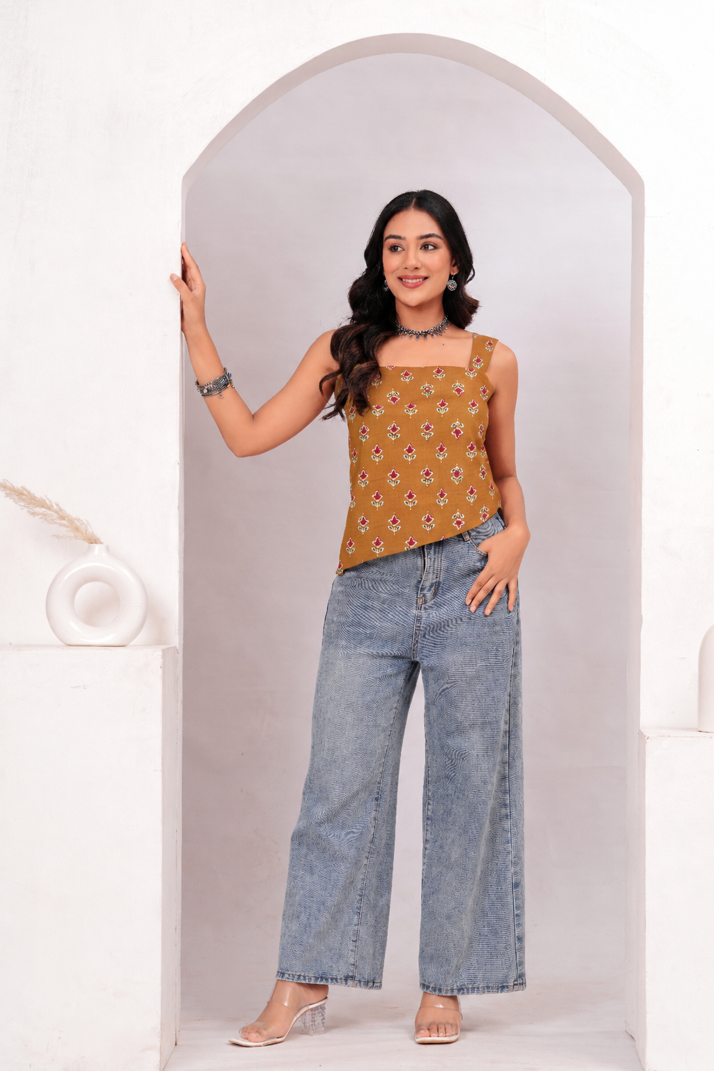 Women Mustard Floral Printed Cotton Lace-Up Top - Image 6