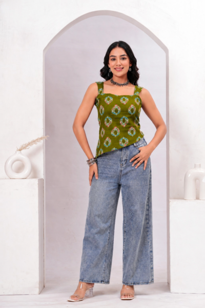 Olive Green Ethnic Motif Printed Cotton Lace-Up Back Top