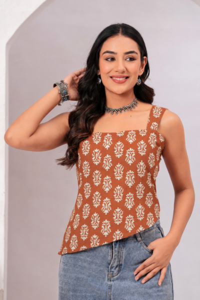 Women Brown Ethnic Print Cotton Lace-Up Top