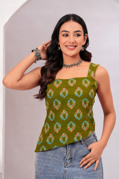 Olive Green Ethnic Motif Printed Cotton Lace-Up Back Top