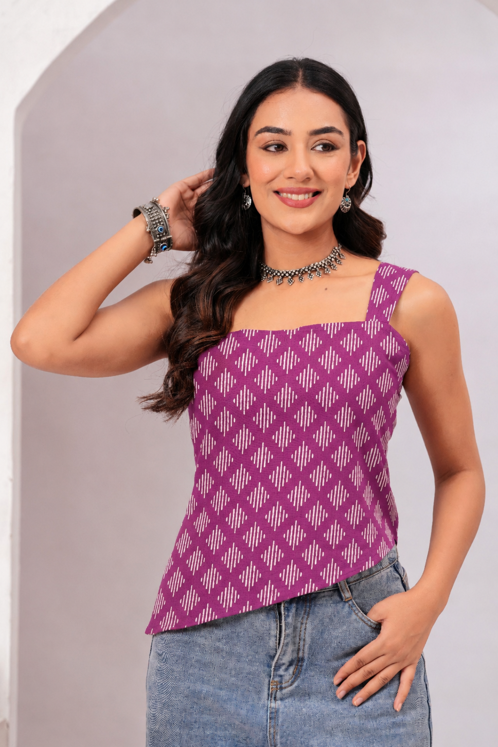 Women Purple Ikat Print Lace-Up Cotton Top - Image 5