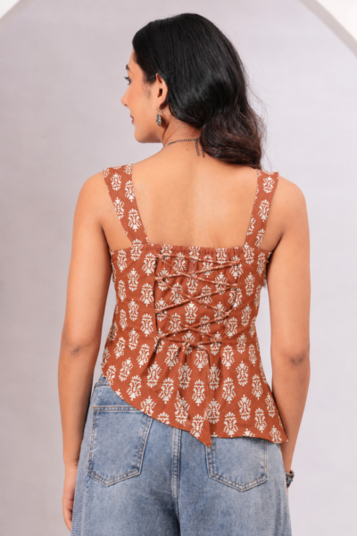 Women Brown Ethnic Print Cotton Lace-Up Top