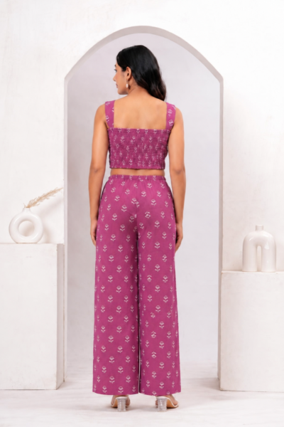 Pink Printed Cotton Co-Ord Set with Crop Top & Wide Leg Pants