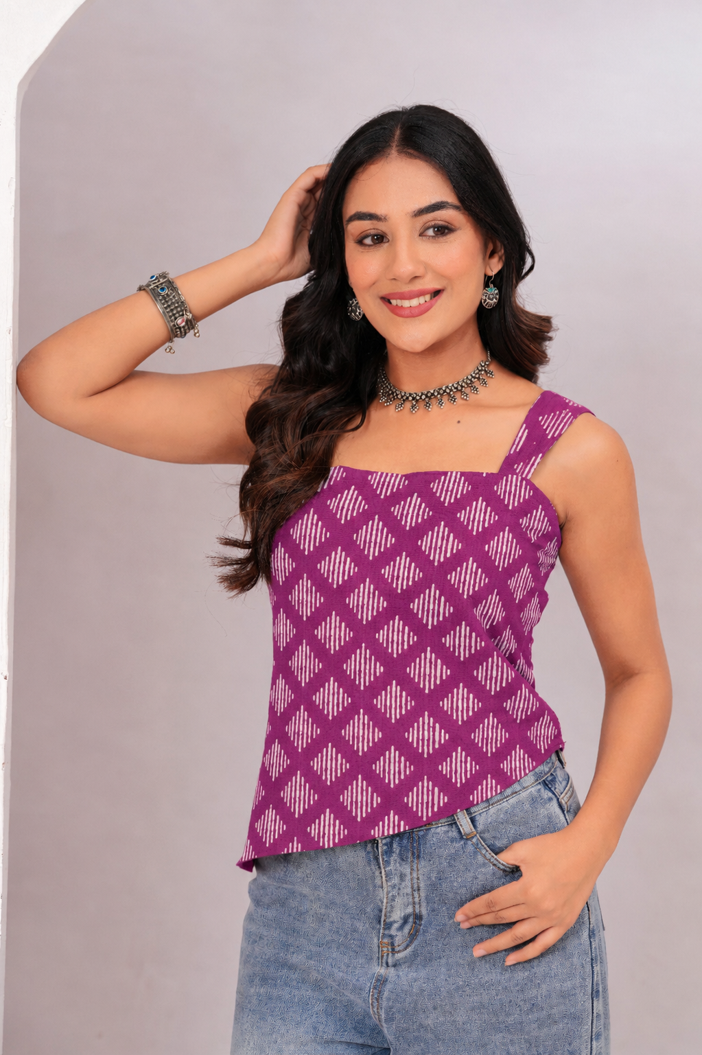 Women Purple Ikat Print Lace-Up Cotton Top - Image 3