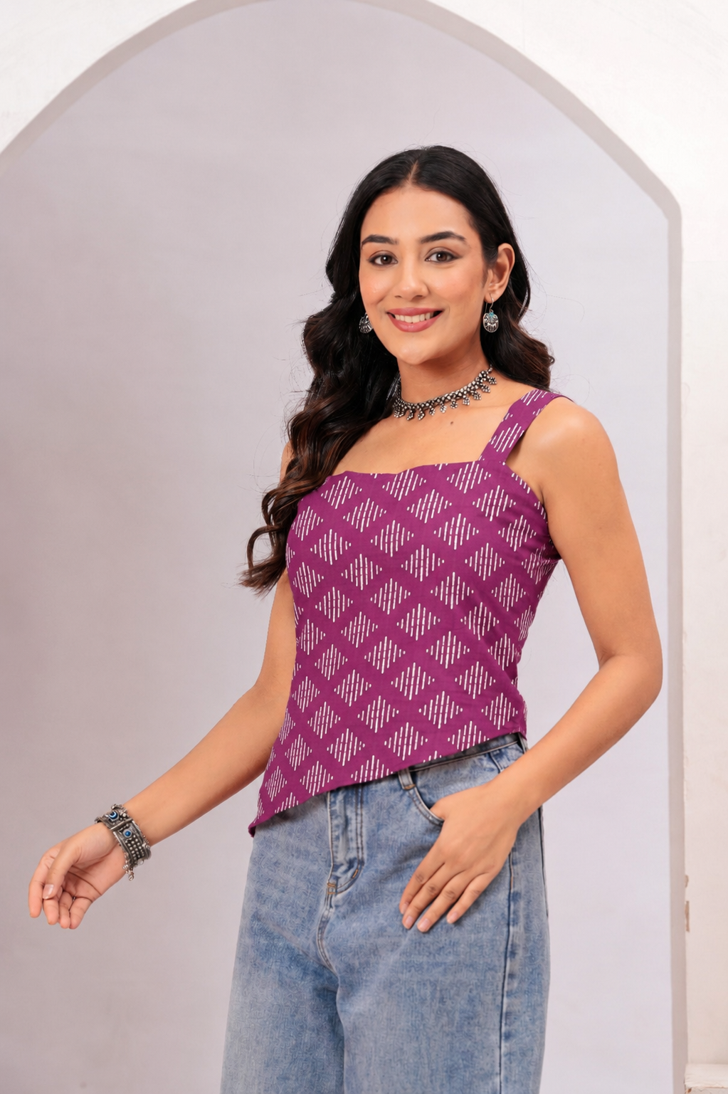 Women Purple Ikat Print Lace-Up Cotton Top - Image 6