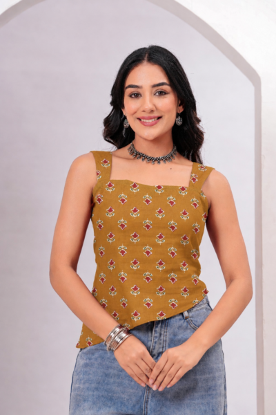 Women Mustard Floral Printed Cotton Lace-Up Top
