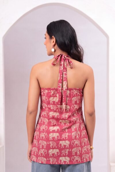 Pink Elephant Printed Halter Neck Sleeveless Cotton Short Kurti