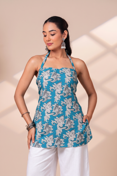 BOLBO Paisley Printed Halter Neck Pure Cotton Kurti