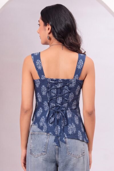 Blue Ethnic Motif Printed Cotton Lace-Up Back Top
