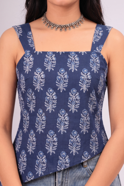 Blue Ethnic Motif Printed Cotton Lace-Up Back Top