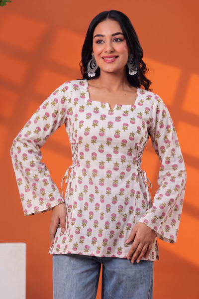 Cream Floral Printed Sweetheart Neck Full Sleeve Short Kurti