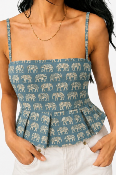 BOLBO Women Ethnic Elephant Print Sleeveless Peplum Top